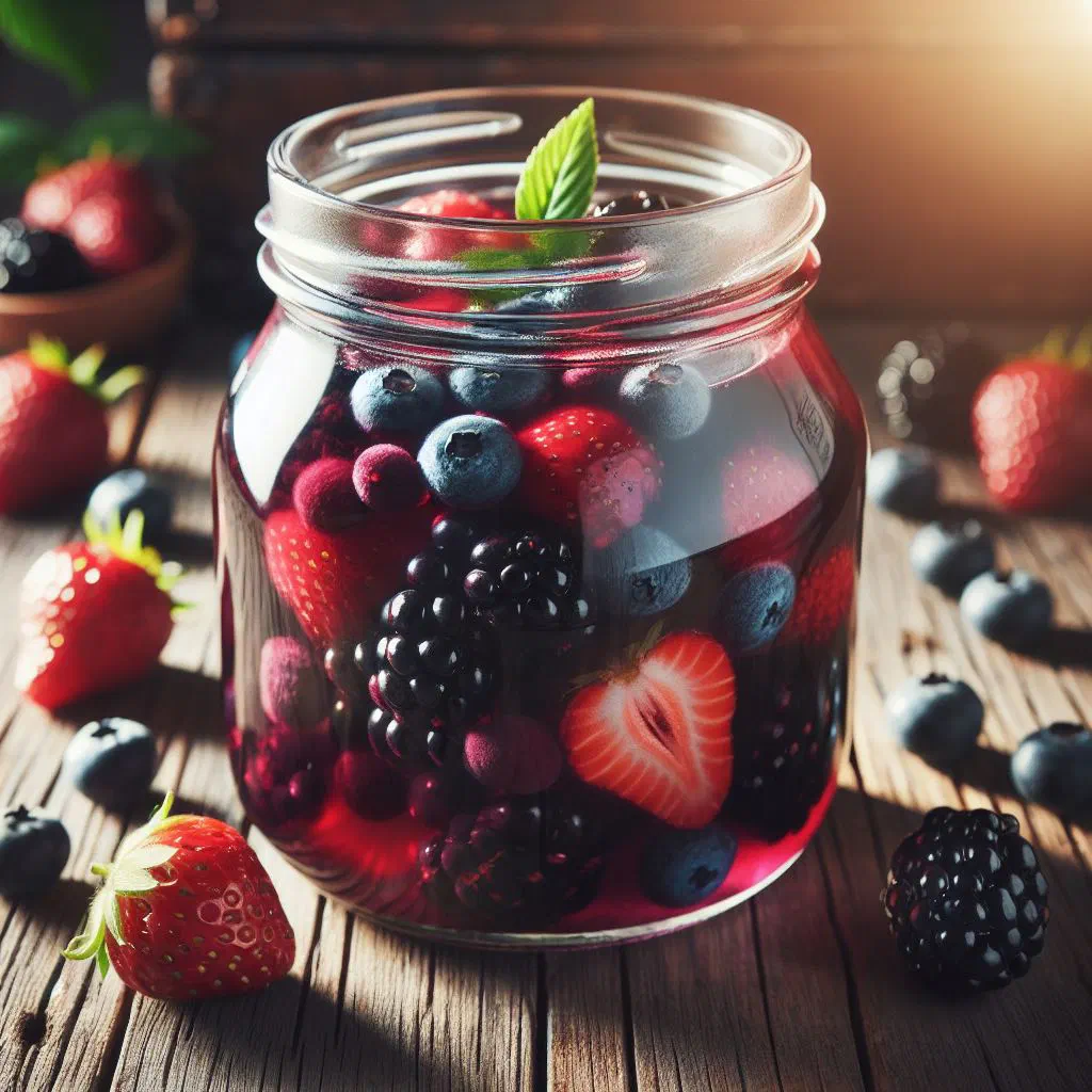 Glass of Lithuanian berry kompot garnished with fresh mint