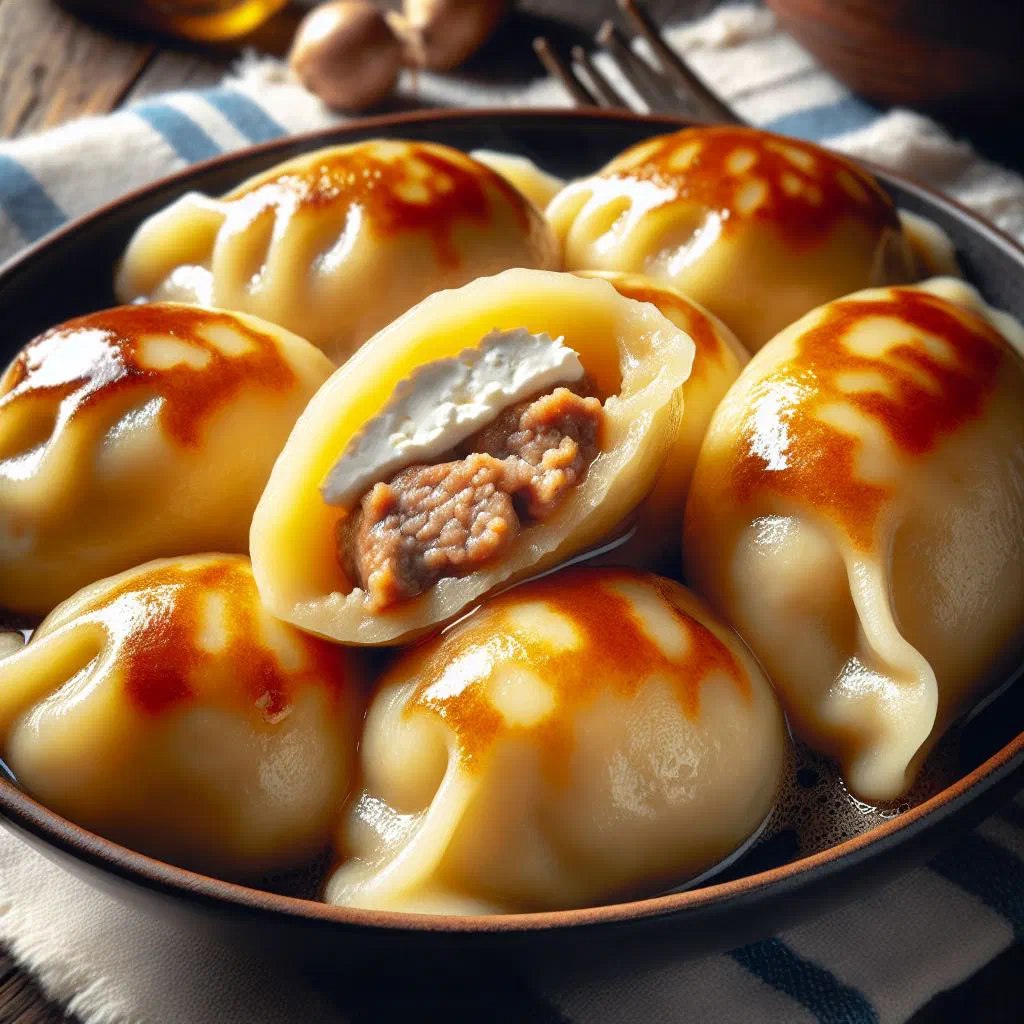 Lithuanian cepelinai potato dumplings topped with crispy bacon and sour cream sauce