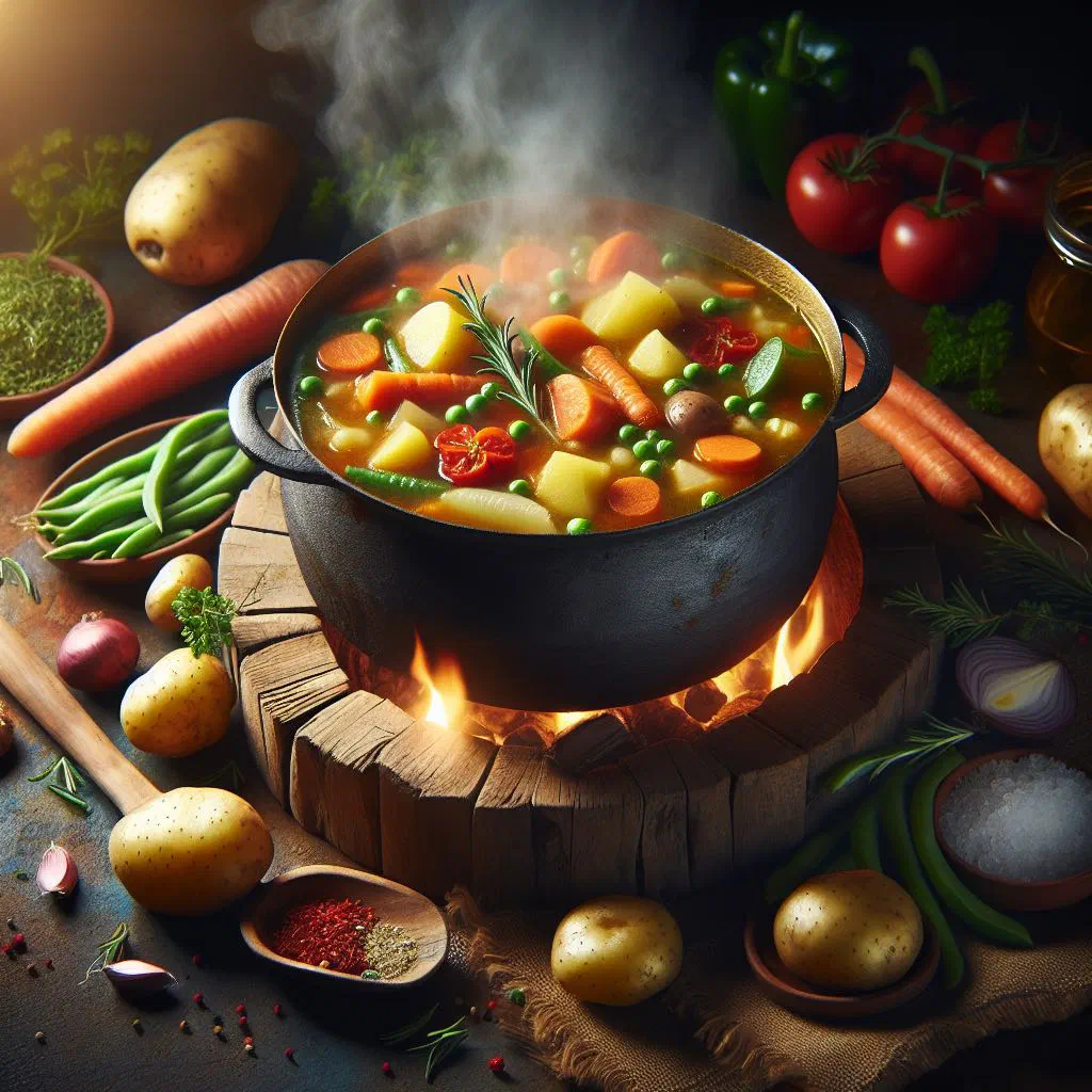 A bowl of Lithuanian vegetable stew garnished with fresh herbs