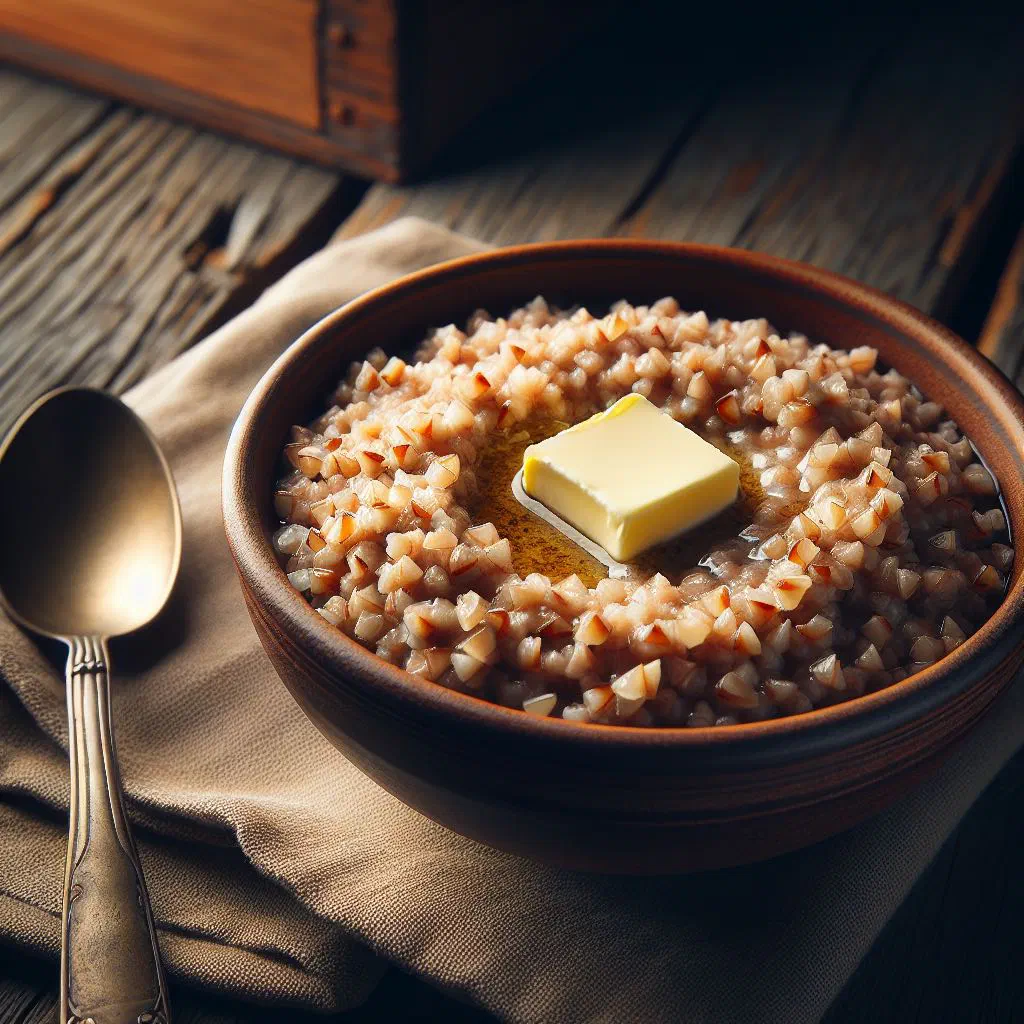 Bowl of Lithuanian buckwheat porridge with sautéed mushrooms and onions