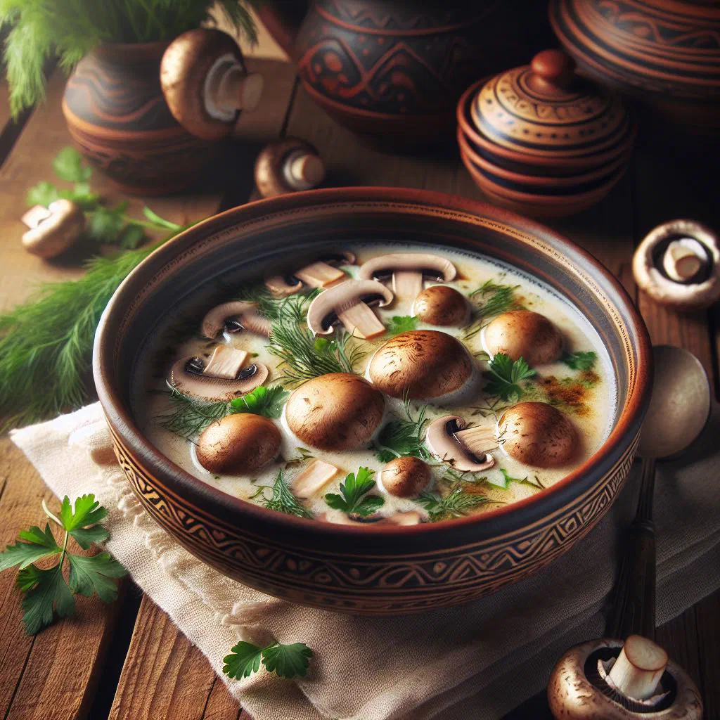 Bowl of creamy Lithuanian wild mushroom soup garnished with fresh dill