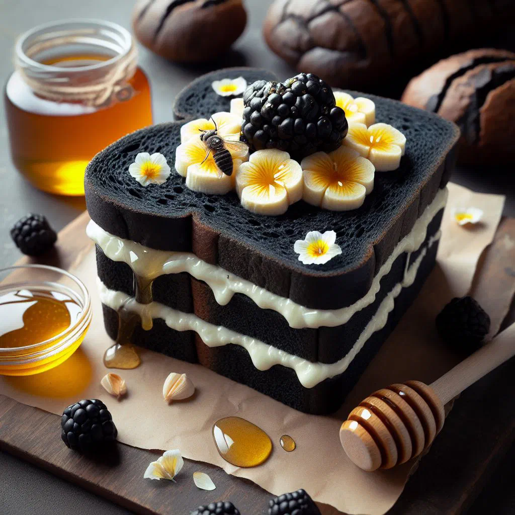 Slices of Lithuanian black bread drizzled with honey and garnished with fresh herbs