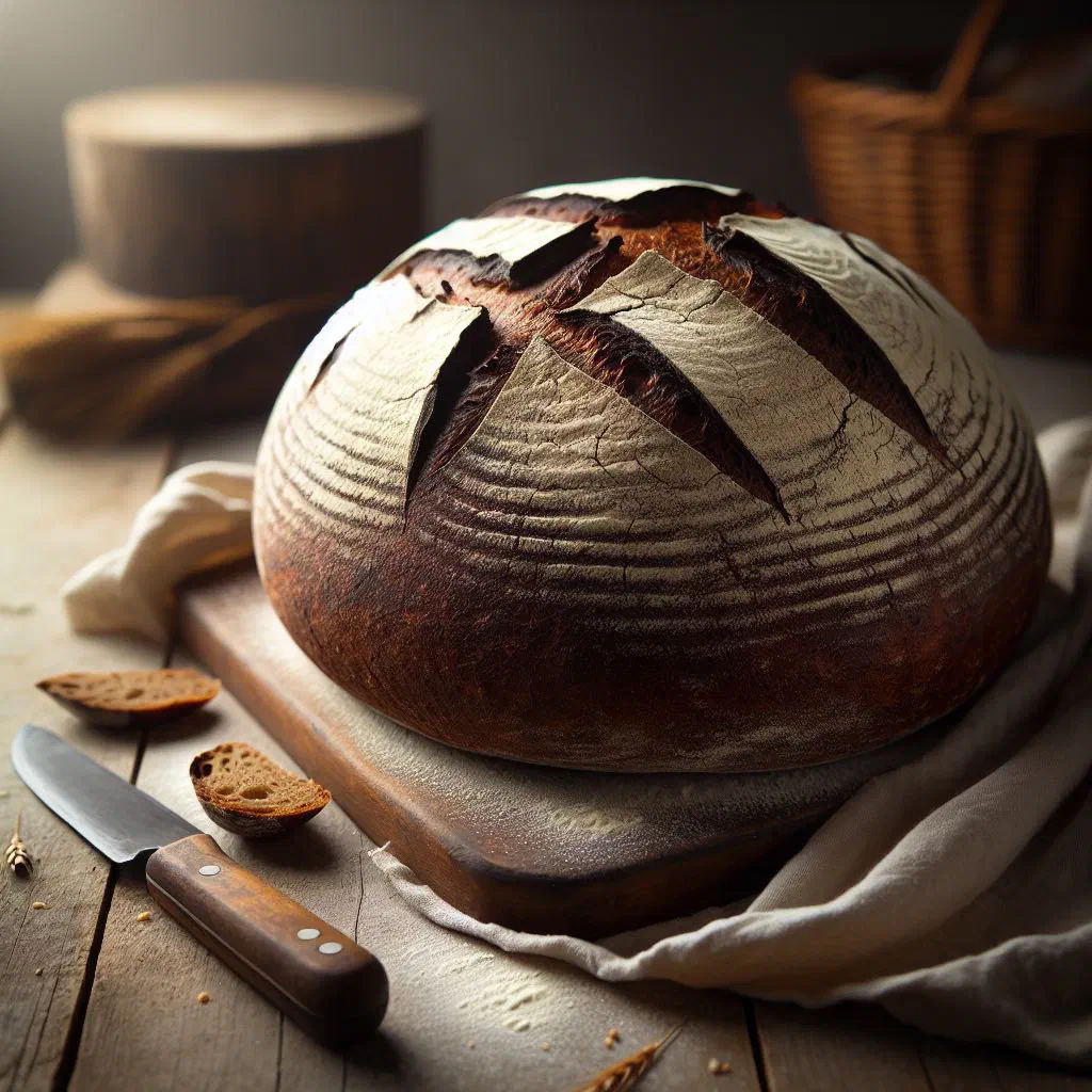 Rustic Lithuanian country bread with a golden crust, sliced on a wooden board
