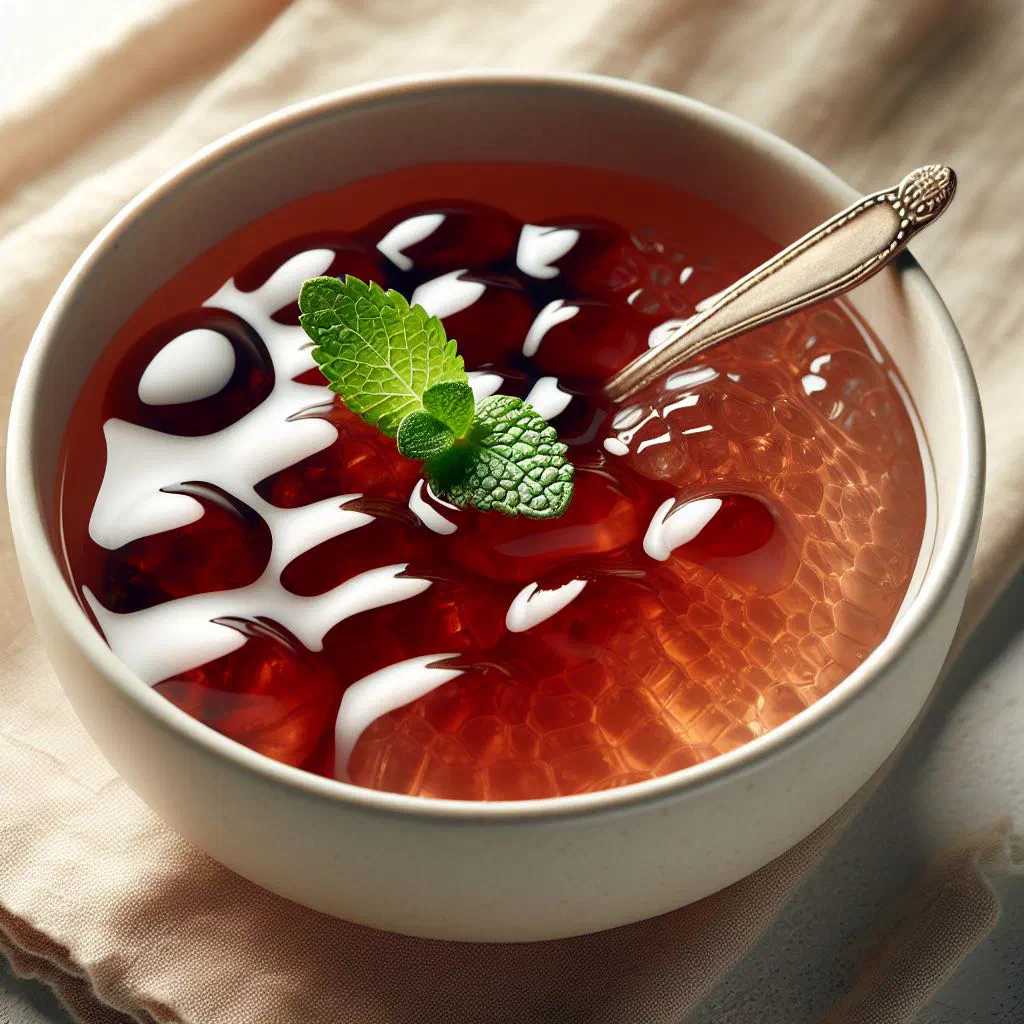 A bowl of red berry kisielius garnished with fresh berries and mint