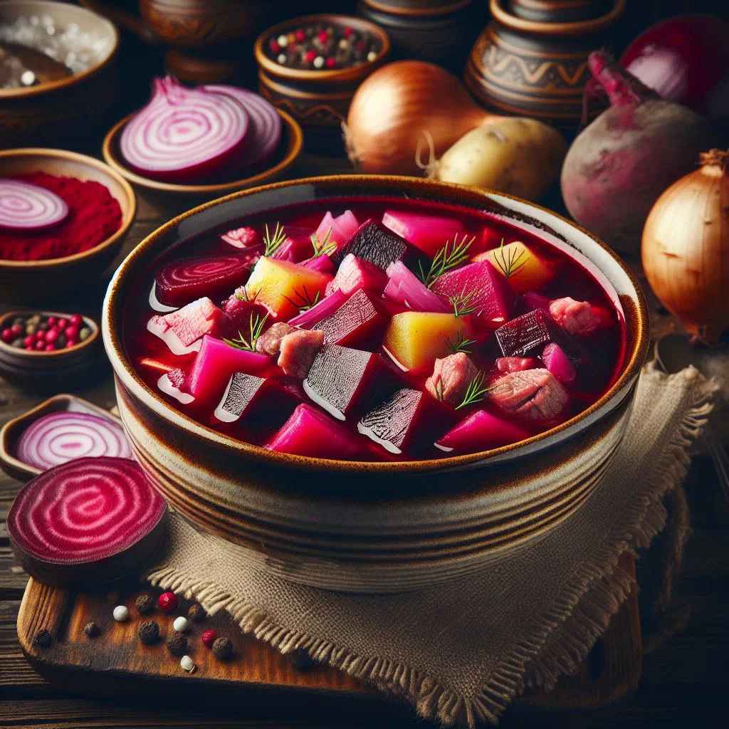 Bowl of chilled pink beetroot soup topped with dill and hard-boiled egg