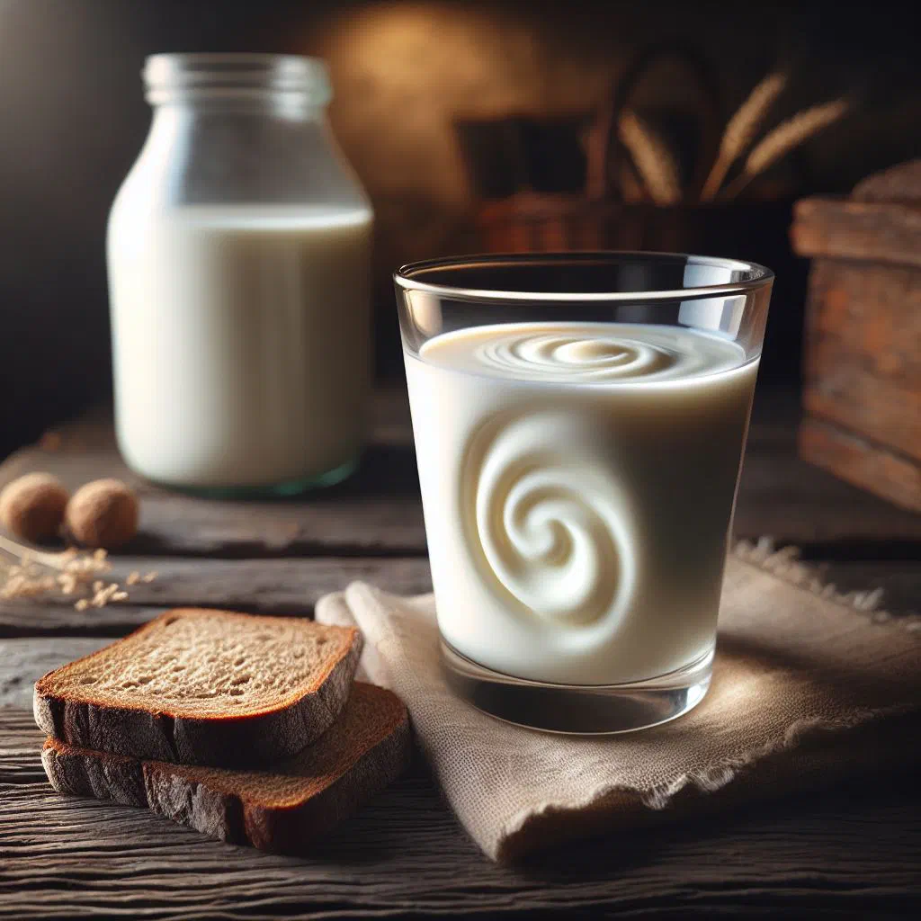 A glass of Rūgpienis fermented milk garnished with fresh herbs