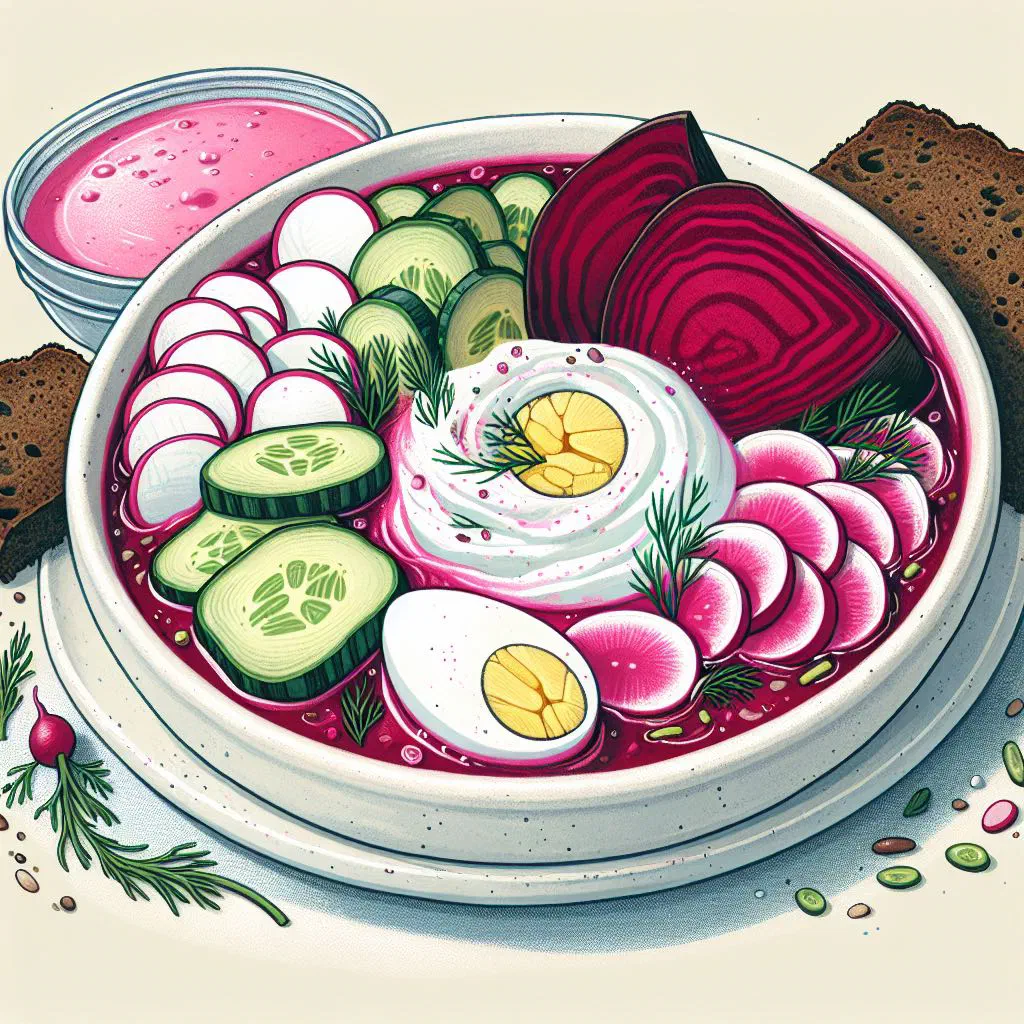 Bright pink cold beetroot soup garnished with dill and boiled egg
