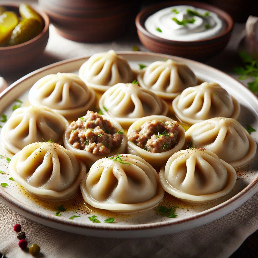 Boiled Lithuanian virtiniai dumplings filled with meat, topped with soured cream and dill
