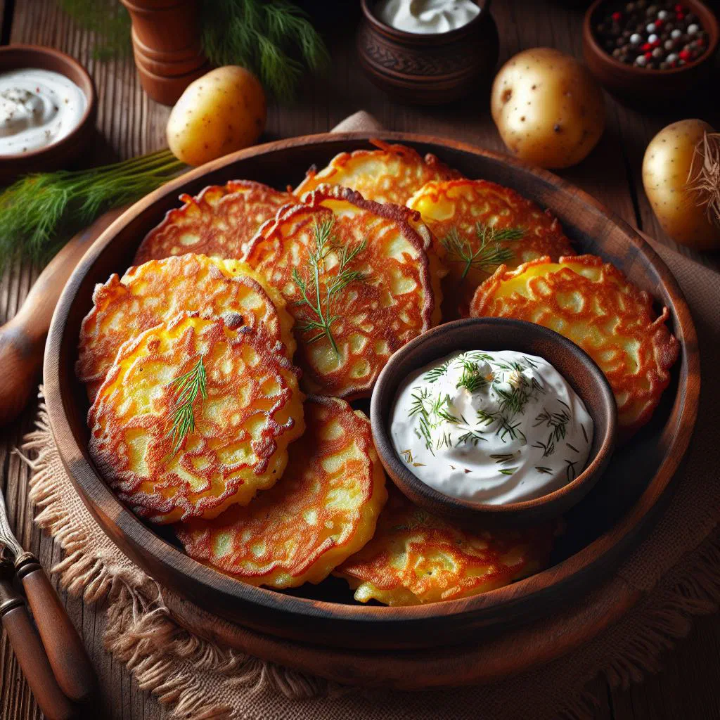 Golden pan-fried Samogitian potato patties garnished with fresh herbs