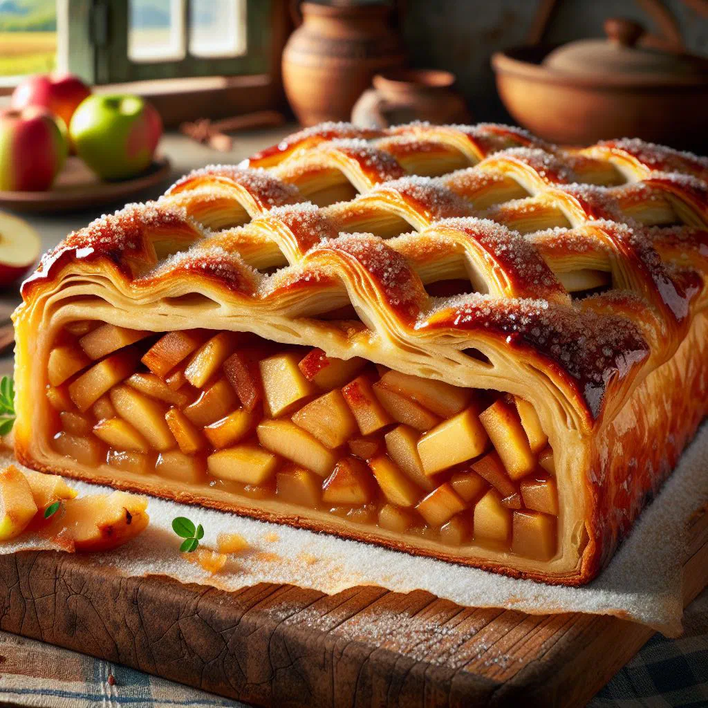Baked Luxembourgish apple pudding dusted with icing sugar and cinnamon