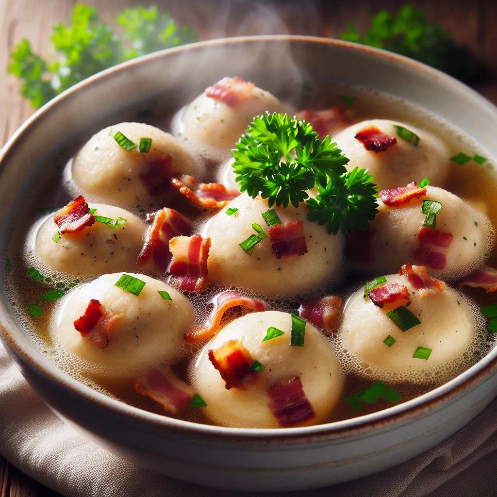 Golden bacon dumplings on a rustic plate with fresh parsley