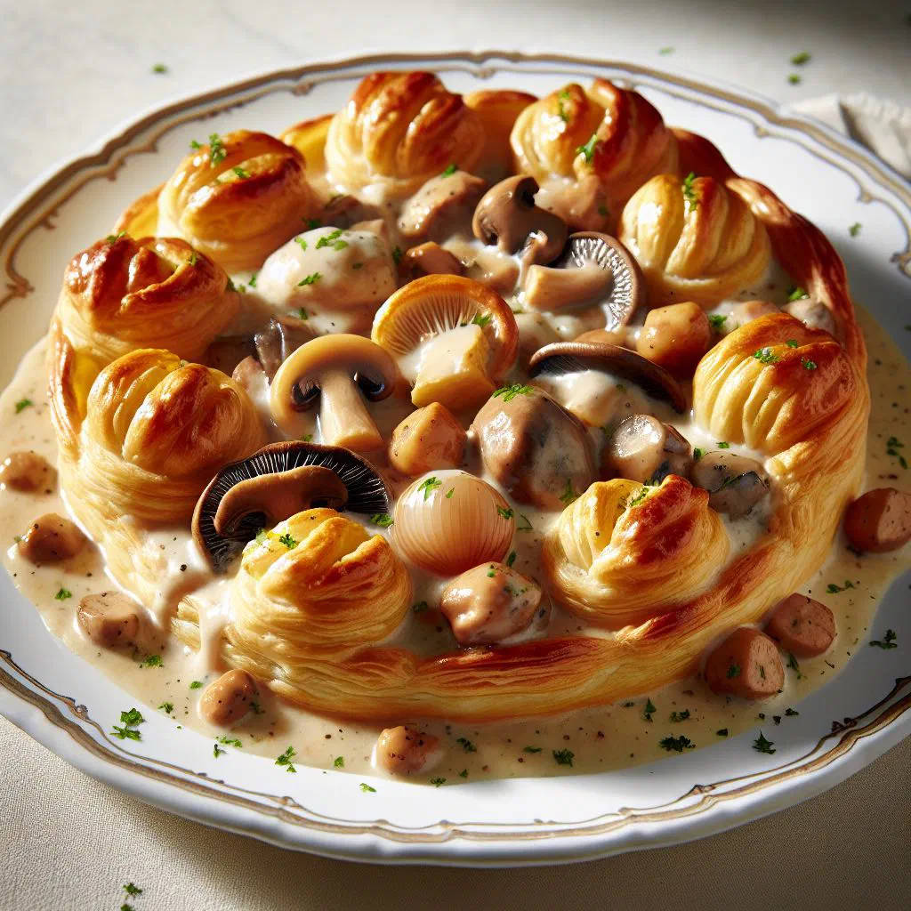 Golden puff pastry cases filled with creamy chicken and mushroom ragout