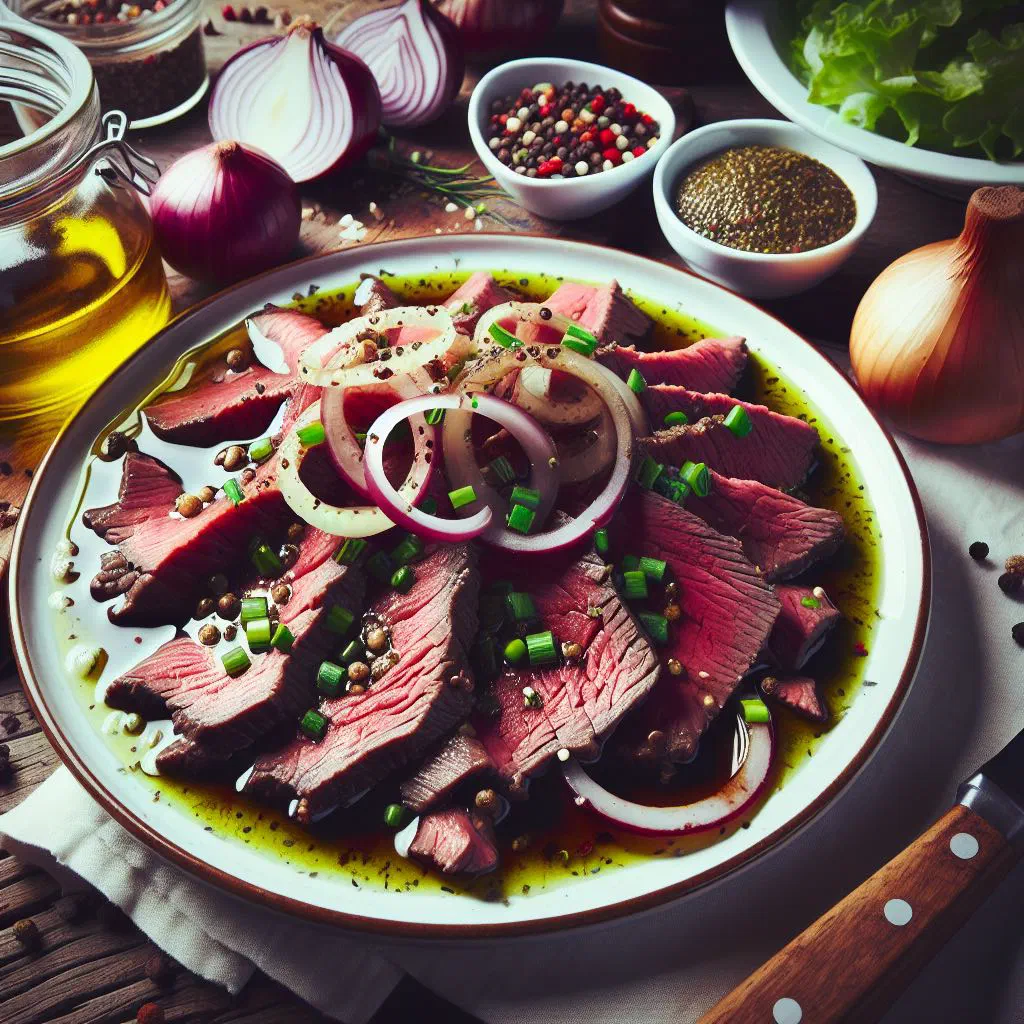 Feierstengszalot with sliced beef, onion rings and fresh herbs in a bowl