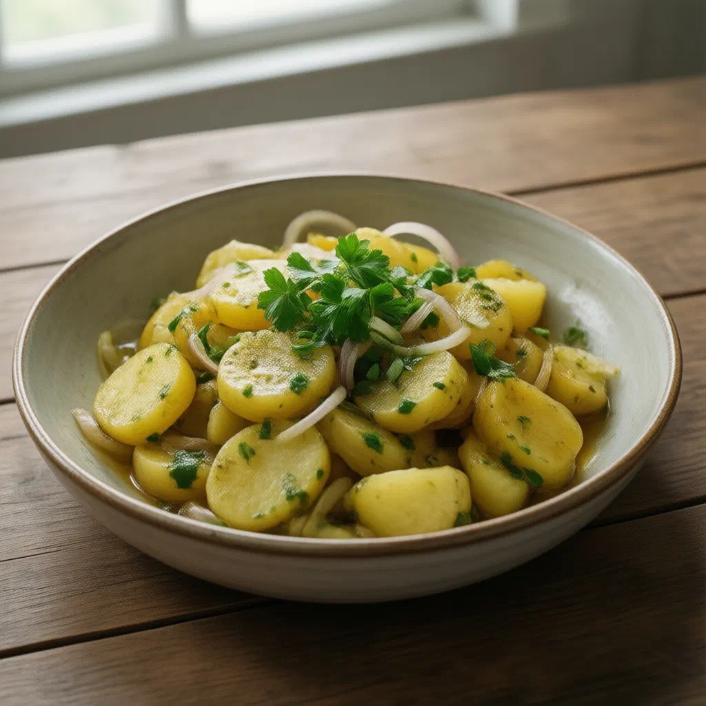 Luxembourgish potato salad with onion, vinaigrette and fresh parsley
