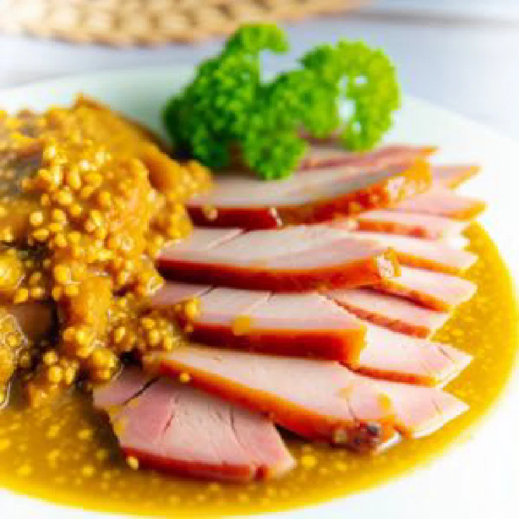 Sliced smoked pork collar with mustard sauce, potatoes and vegetables