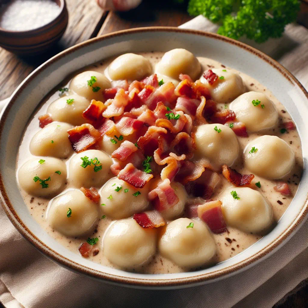 Soft Luxembourgish potato dumplings served with sauce and fresh herbs