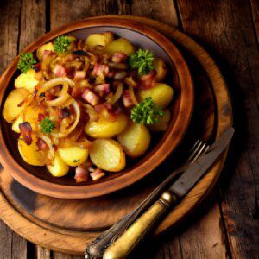 Mëllesch with golden potatoes, onions and crisp bacon in a rustic bowl