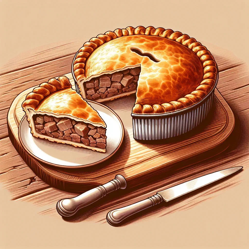 Golden baked Paschtéit pastry filled with seasoned minced meat, sliced open on a plate