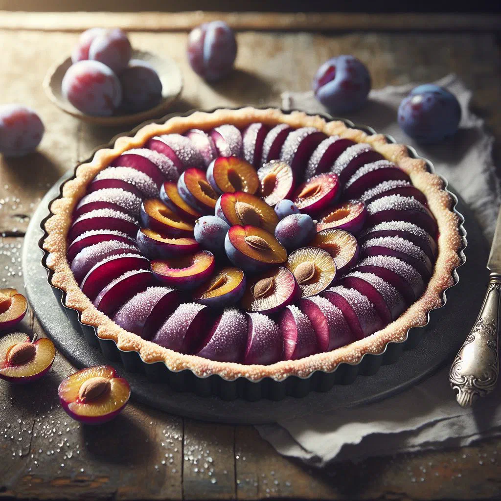 Golden Luxembourgish plum tart topped with damson halves and dusted with icing sugar