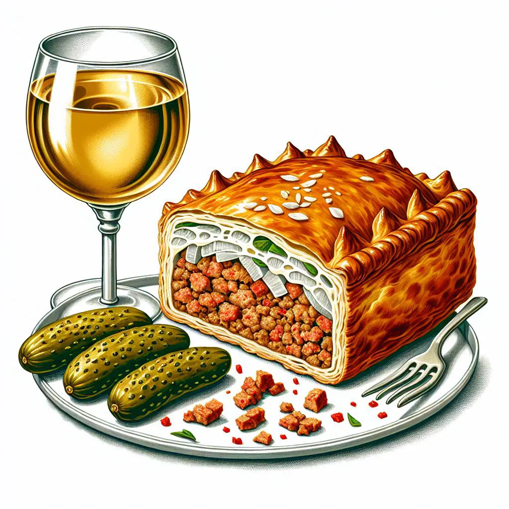 Sliced Riesling meat pie in golden puff pastry with fresh herbs