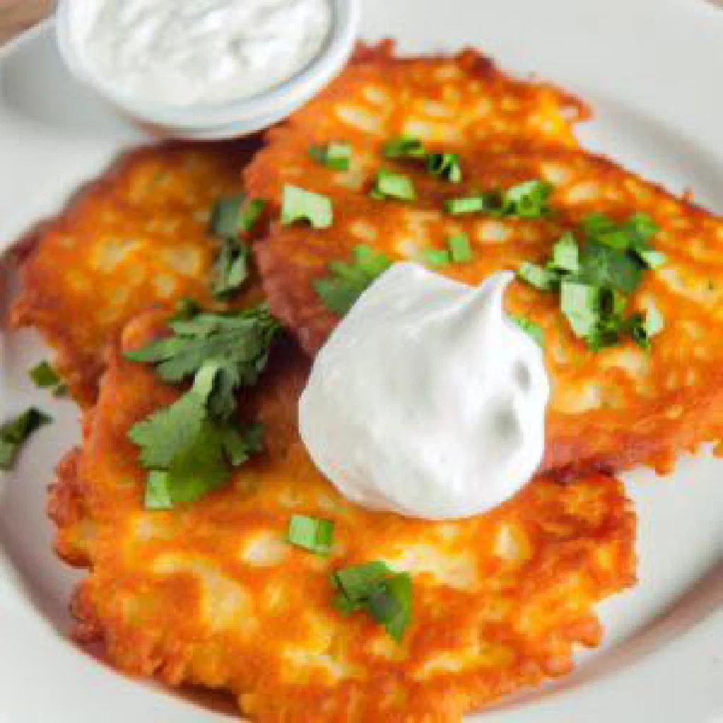 Golden-brown pan-fried Stärek potato cakes garnished with fresh herbs