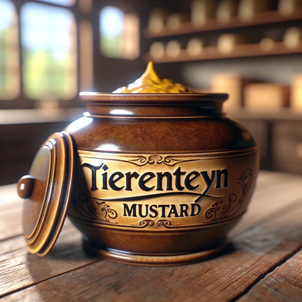 A small bowl of coarse-grained Tierenteyn mustard with fresh herbs