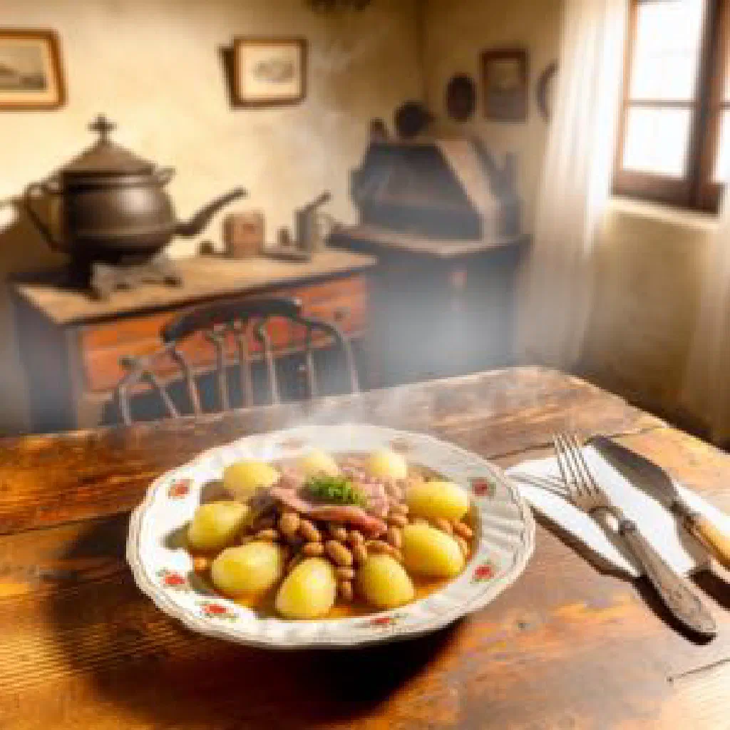 Bowl of Turlutten beef and vegetable stew garnished with fresh parsley