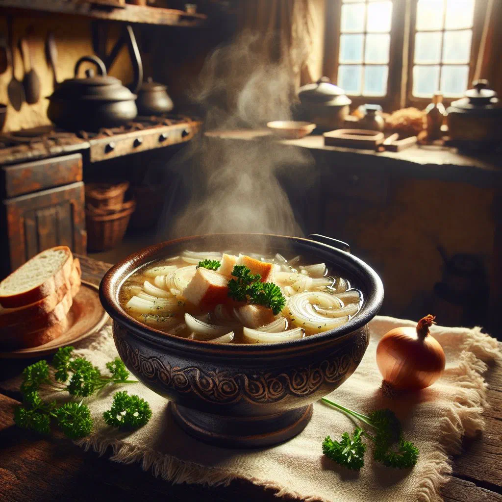 Bowl of Luxembourgish onion soup topped with melted cheese and toasted bread