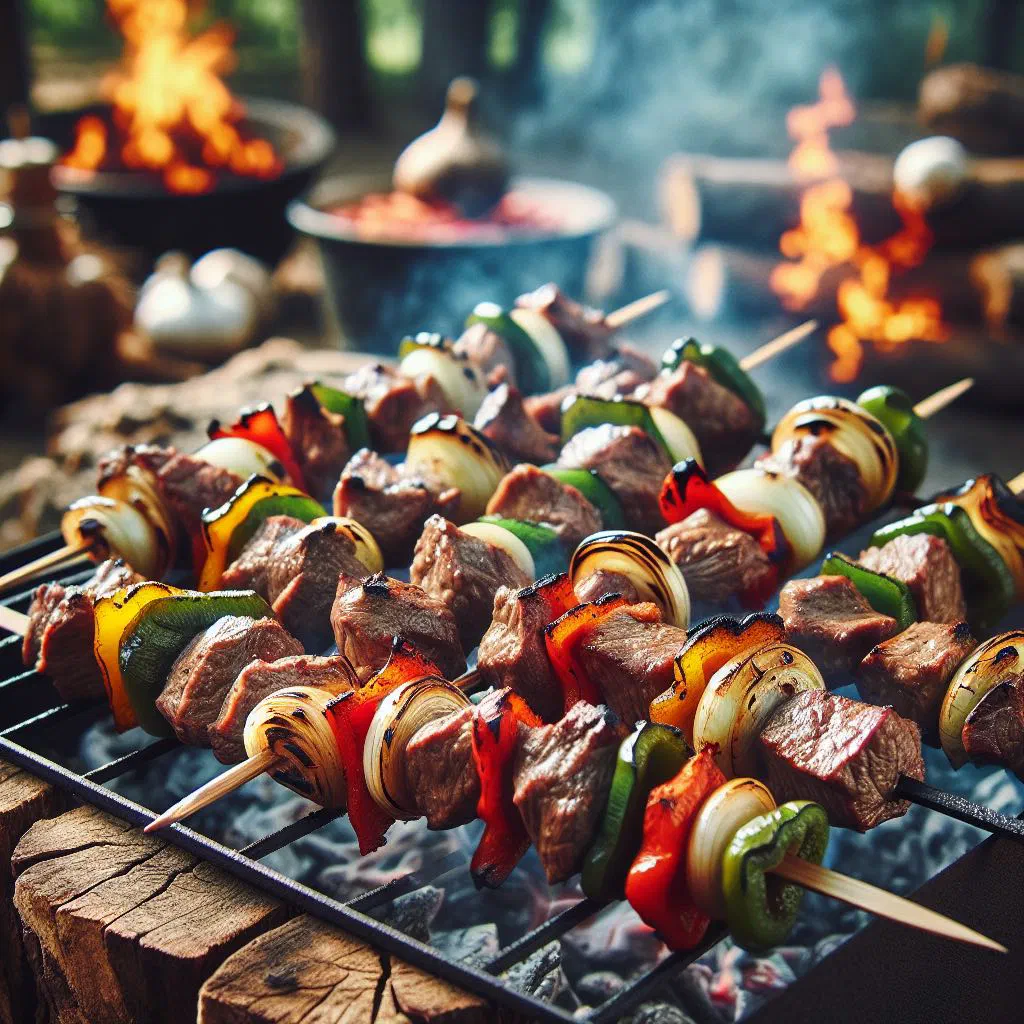 Grilled zebu skewers served on a wooden board with fresh herbs