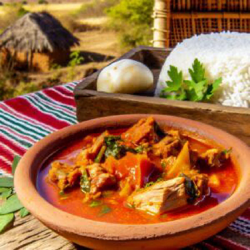 Slow-cooked Malagasy beef stew garnished with fresh herbs, served with rice