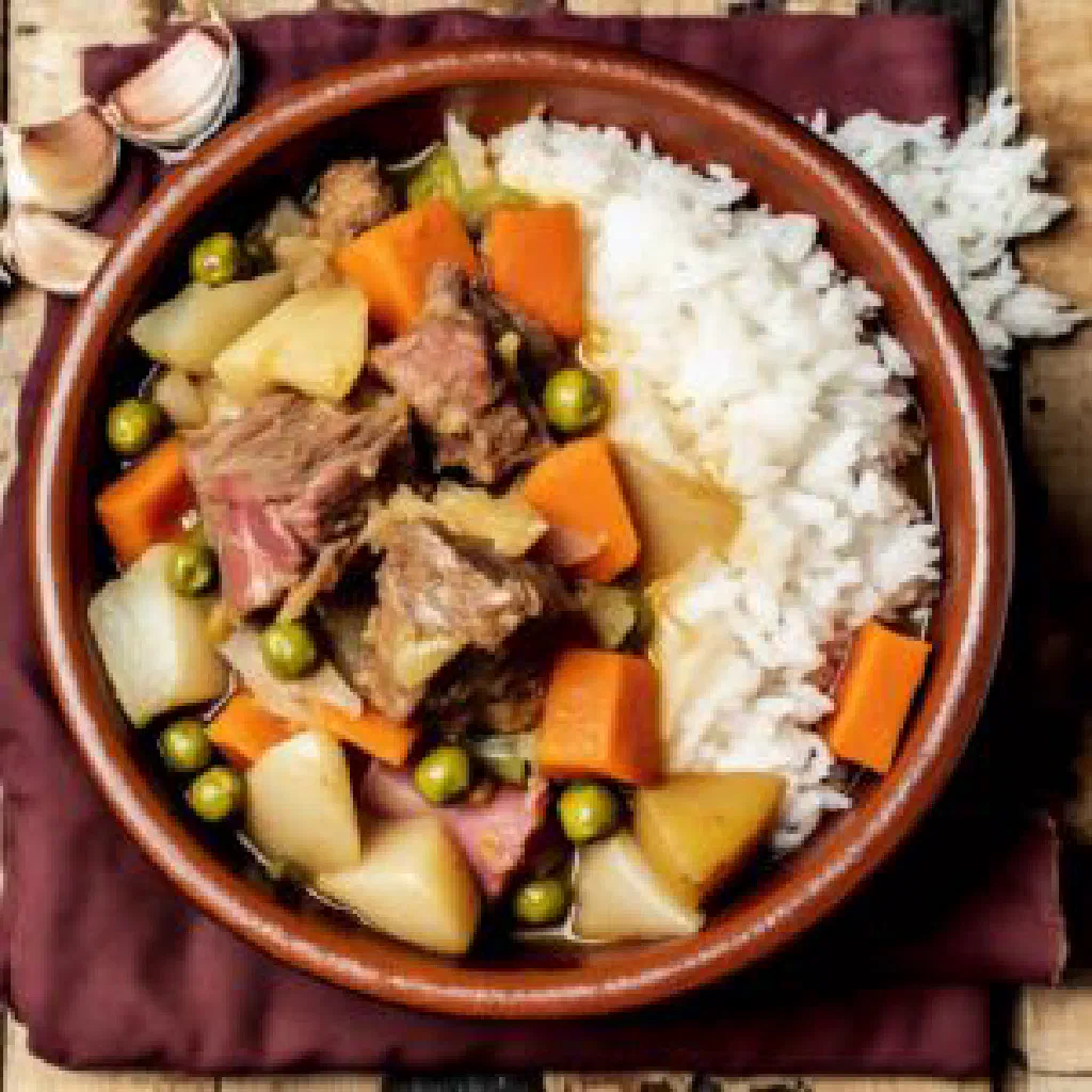 Slow-cooked Madagascan beef stew served with white rice and fresh herbs