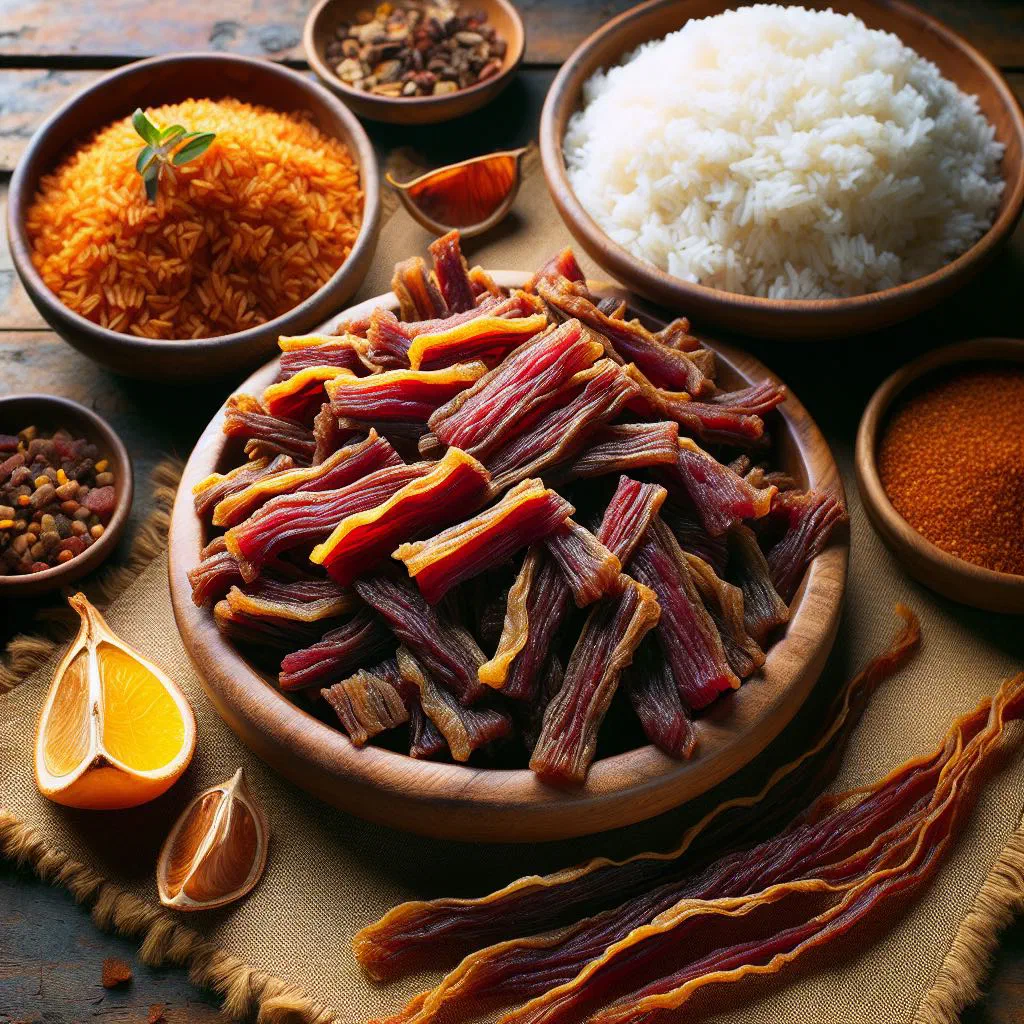Grilled marinated pork with fluffy white rice on a plate