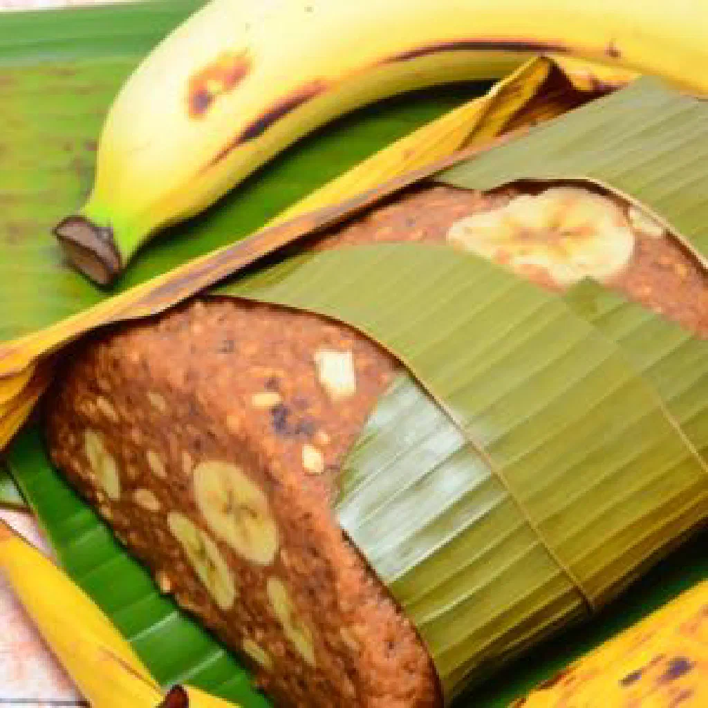 Steamed koba ravina wrapped in banana leaves and sliced to show the peanut filling