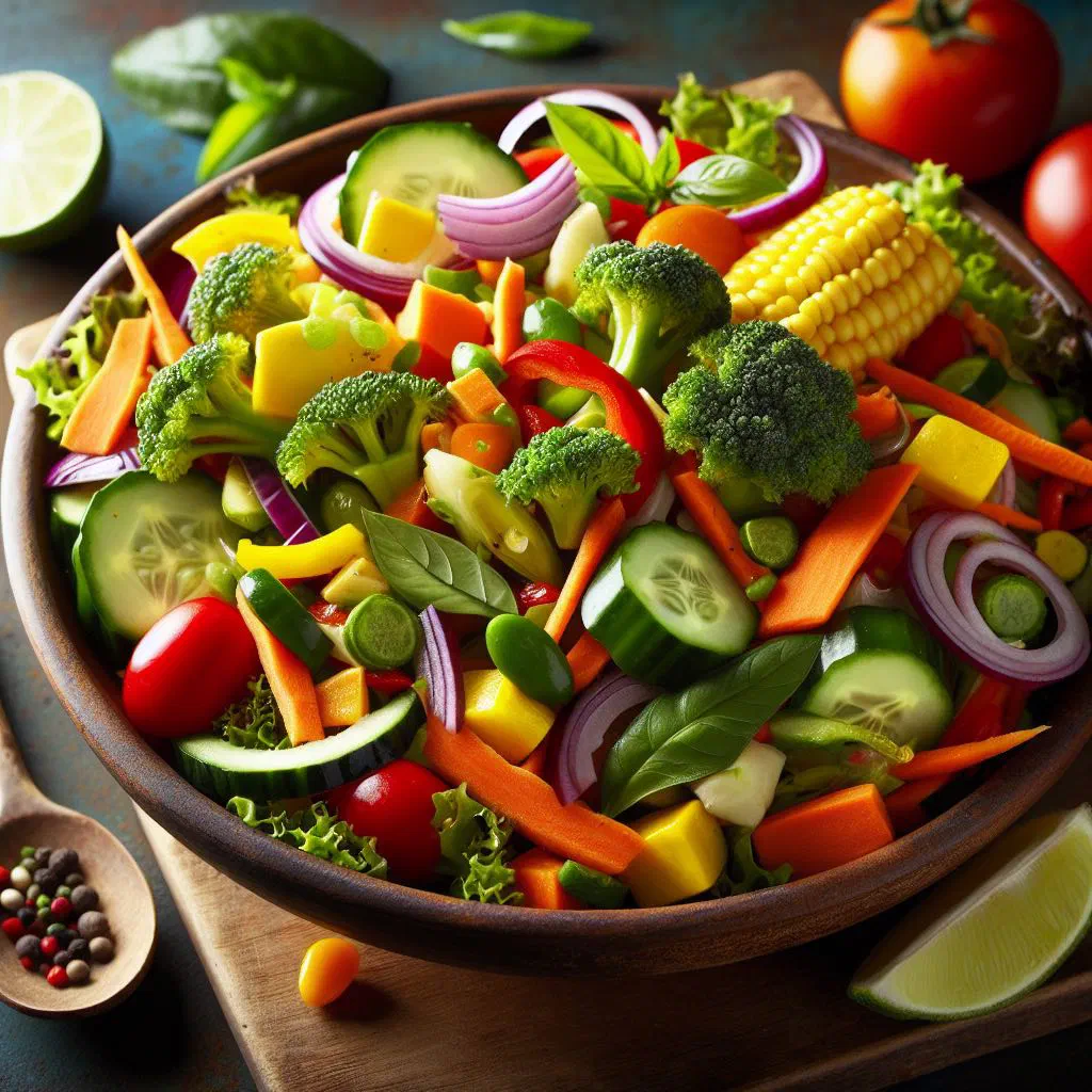 Fresh lasary salad with carrot, pepper and green beans garnished with parsley