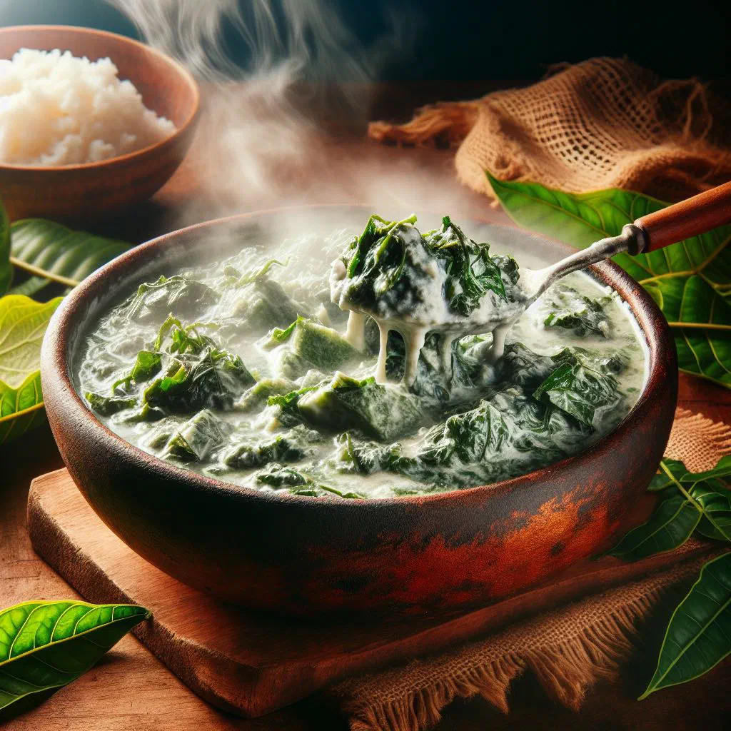 Ravitoto amin'ny Coco with pounded cassava leaves, beef and coconut milk