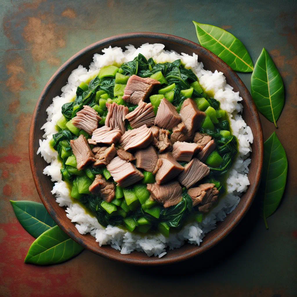 Ravitoto with pounded cassava leaves and tender pork served with rice