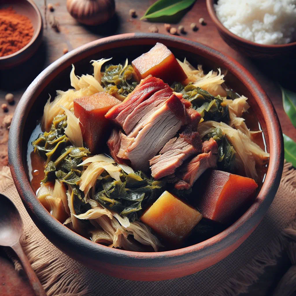 Ravitoto sy Henan-kisoa with pork and pounded cassava leaves served with rice