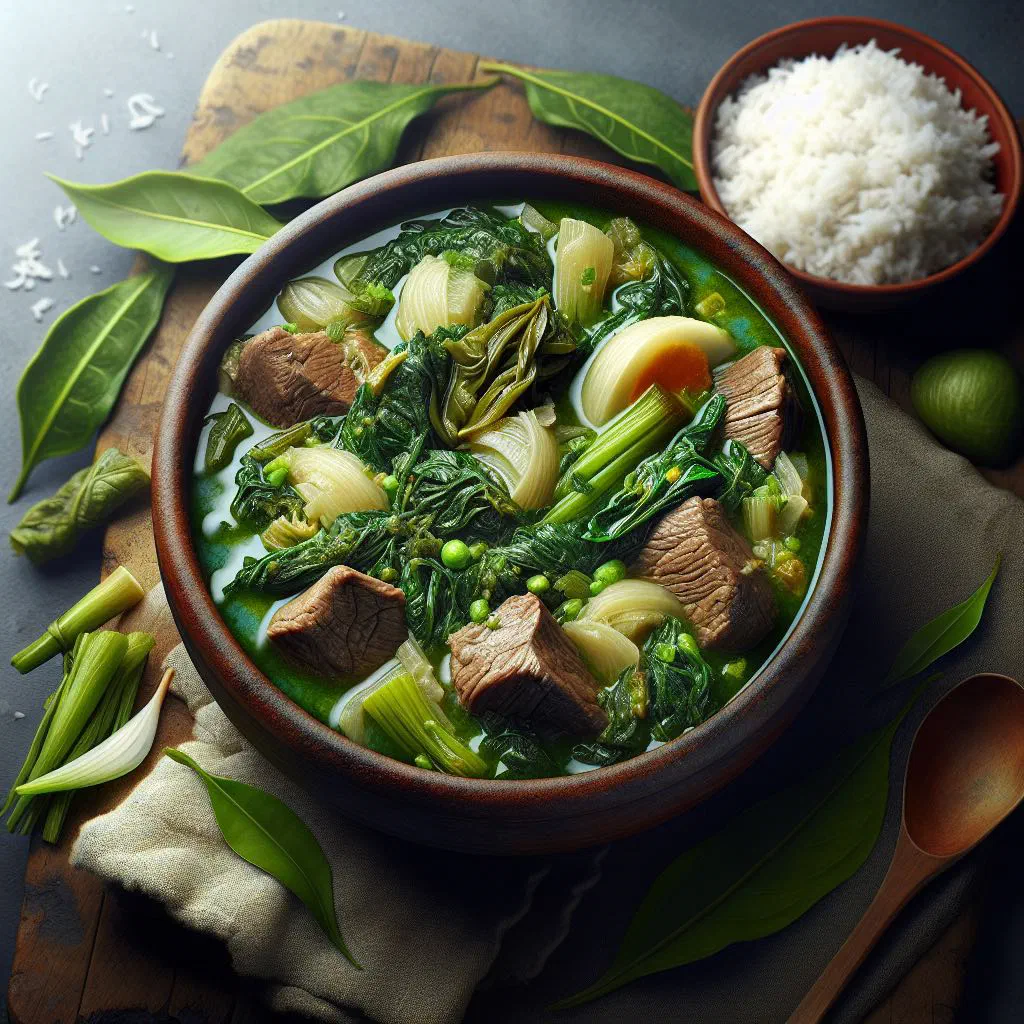 Bowl of Romazava Amin' Anana beef and leafy green soup garnished with fresh herbs