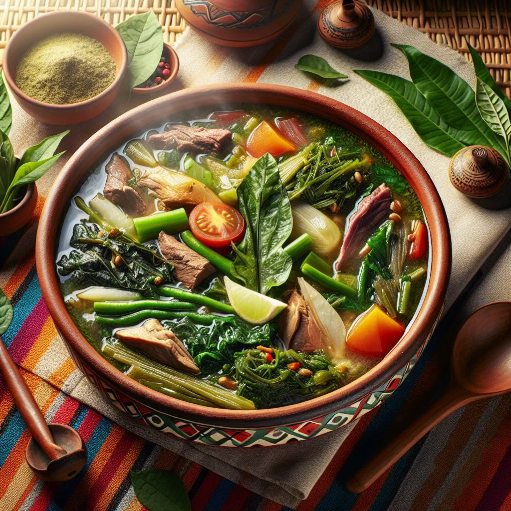 A bowl of Romazava, a Madagascan beef and leafy green stew