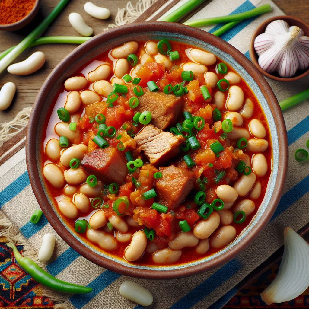 Malagasy tsaramaso sy henakisoa with tender green beans and pork in a savoury sauce