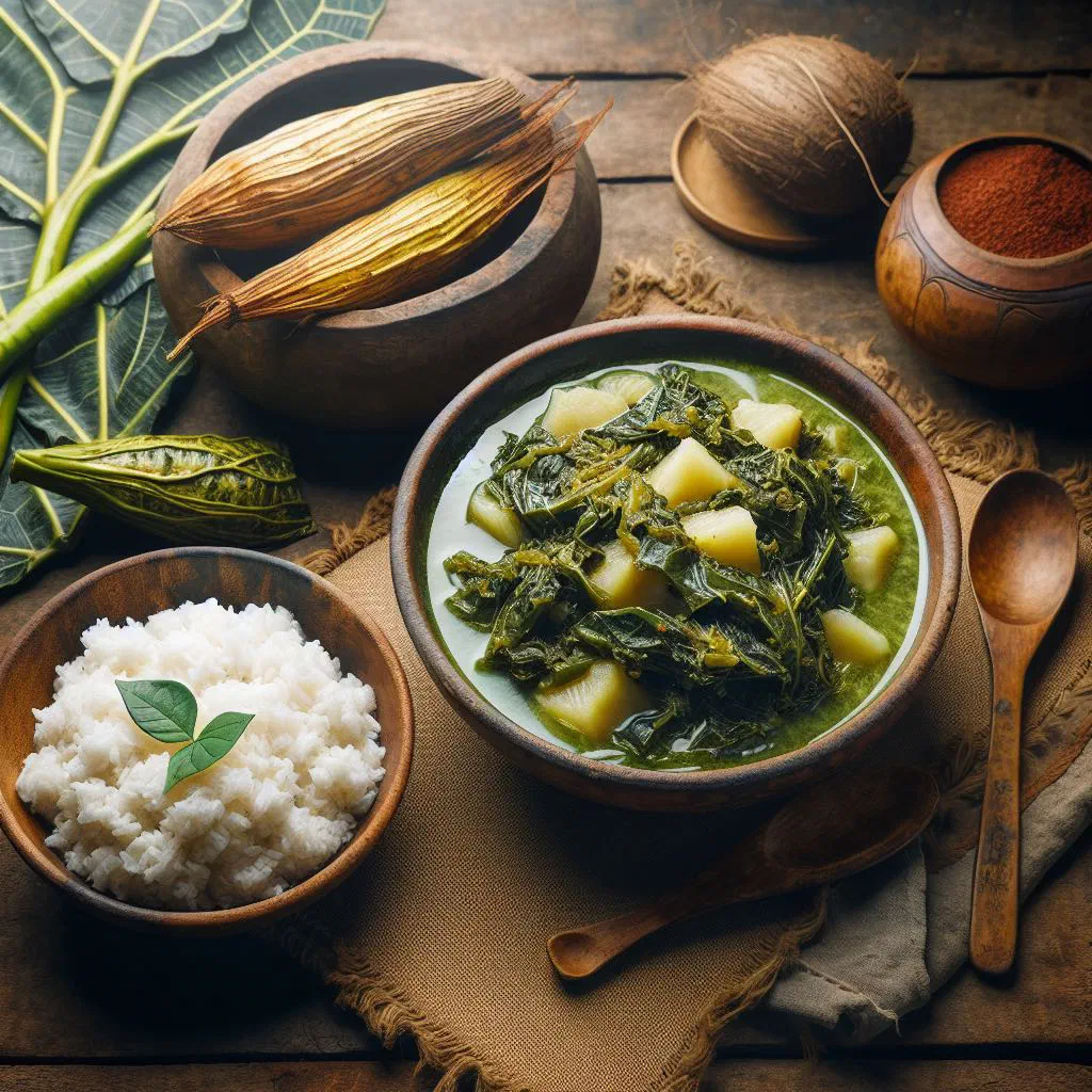 Voanio sy Ravitoto with braised pork and cassava leaves in coconut milk