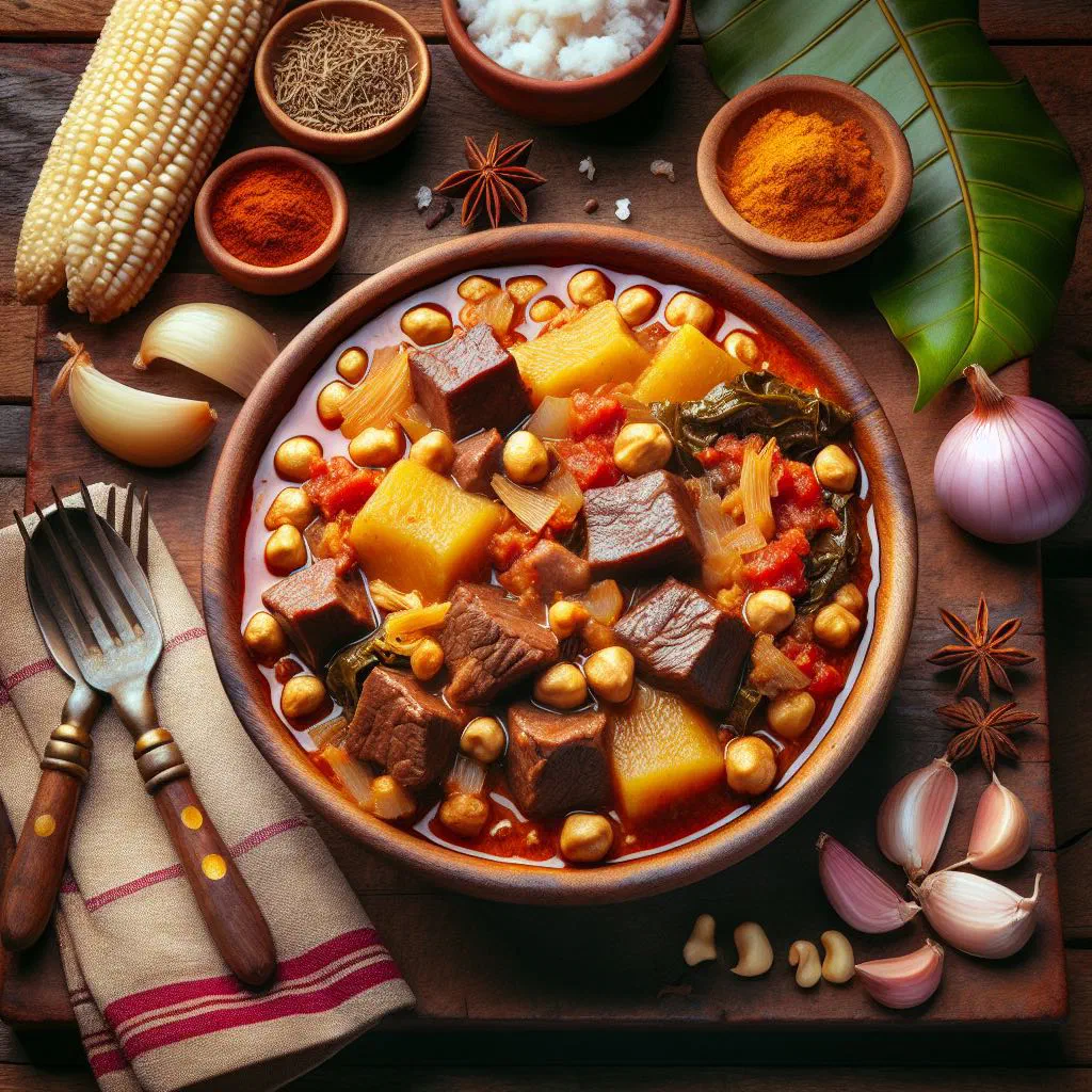Malagasy beef stew Voanjobory amin'ny Hen'omby served with rice and fresh herbs