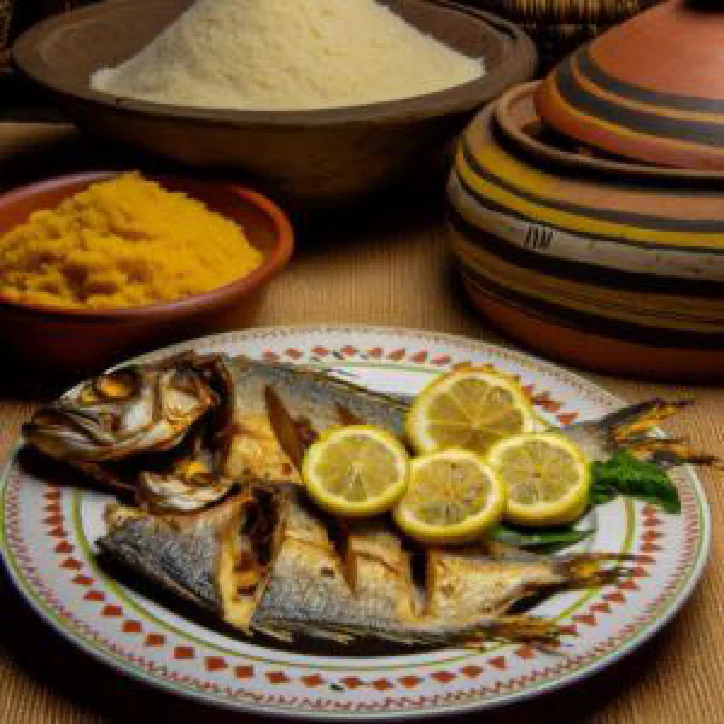 Golden pan-fried chambo fish garnished with lemon slices and fresh coriander