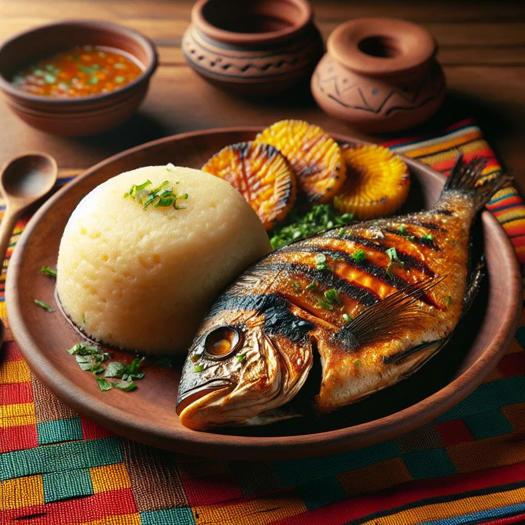 Pan-fried chambo fish served with a mound of white nsima maize porridge