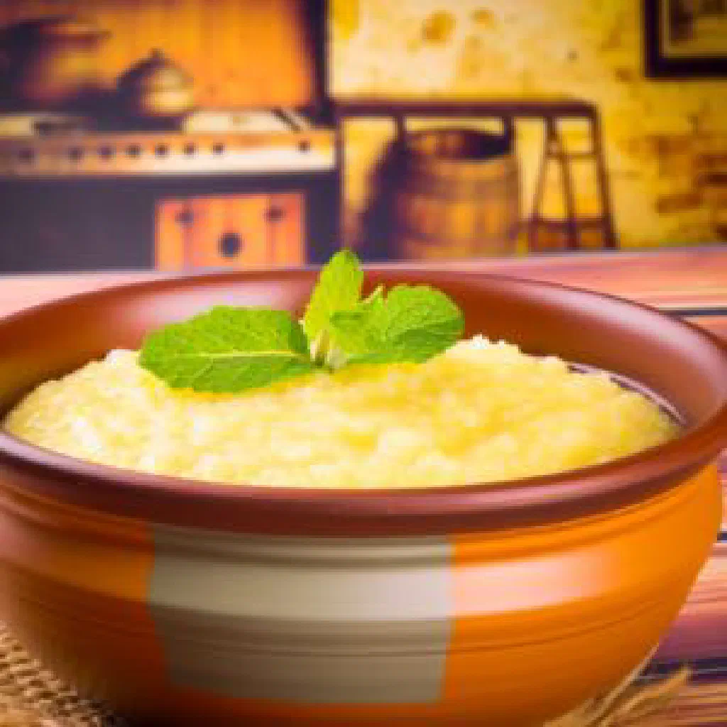 A bowl of thick Malawian dziwala maize porridge served with greens