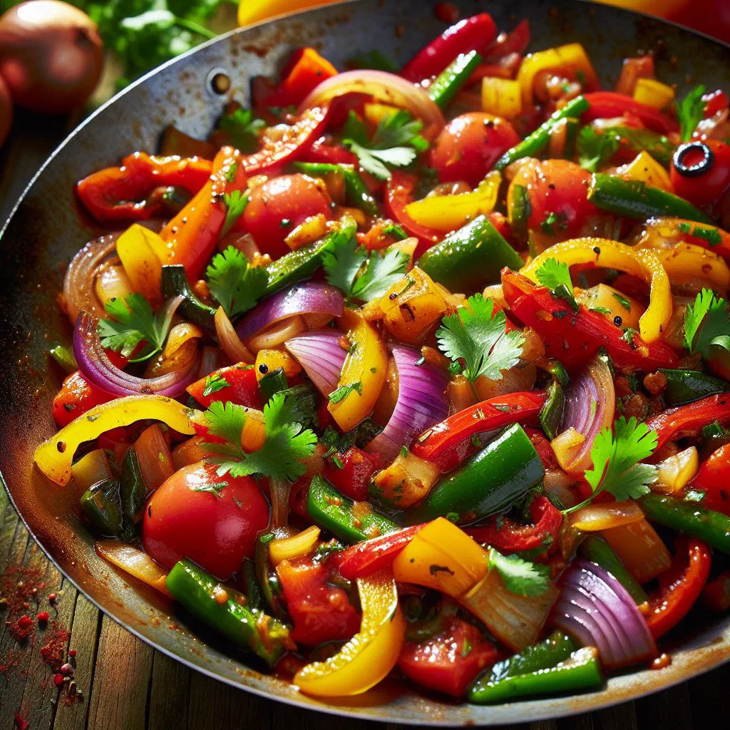 Mchunga wild spinach stir fry with peppers, carrot and onion in a pan