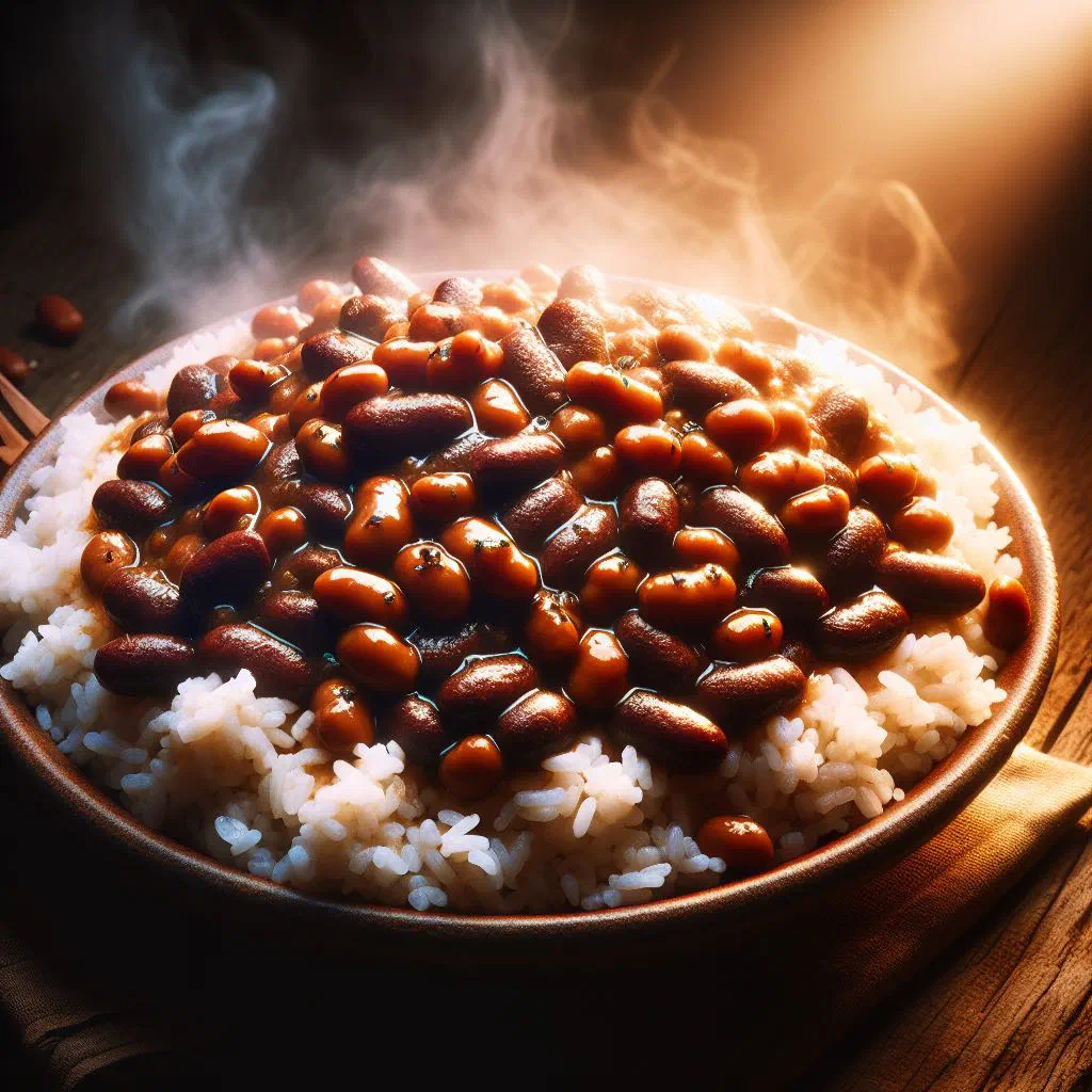 A bowl of Malawian mpunga with beans, fluffy rice and tender beans