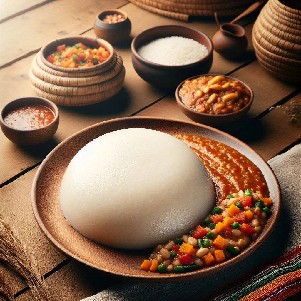 A mound of creamy white nsima served with a green vegetable and meat relish