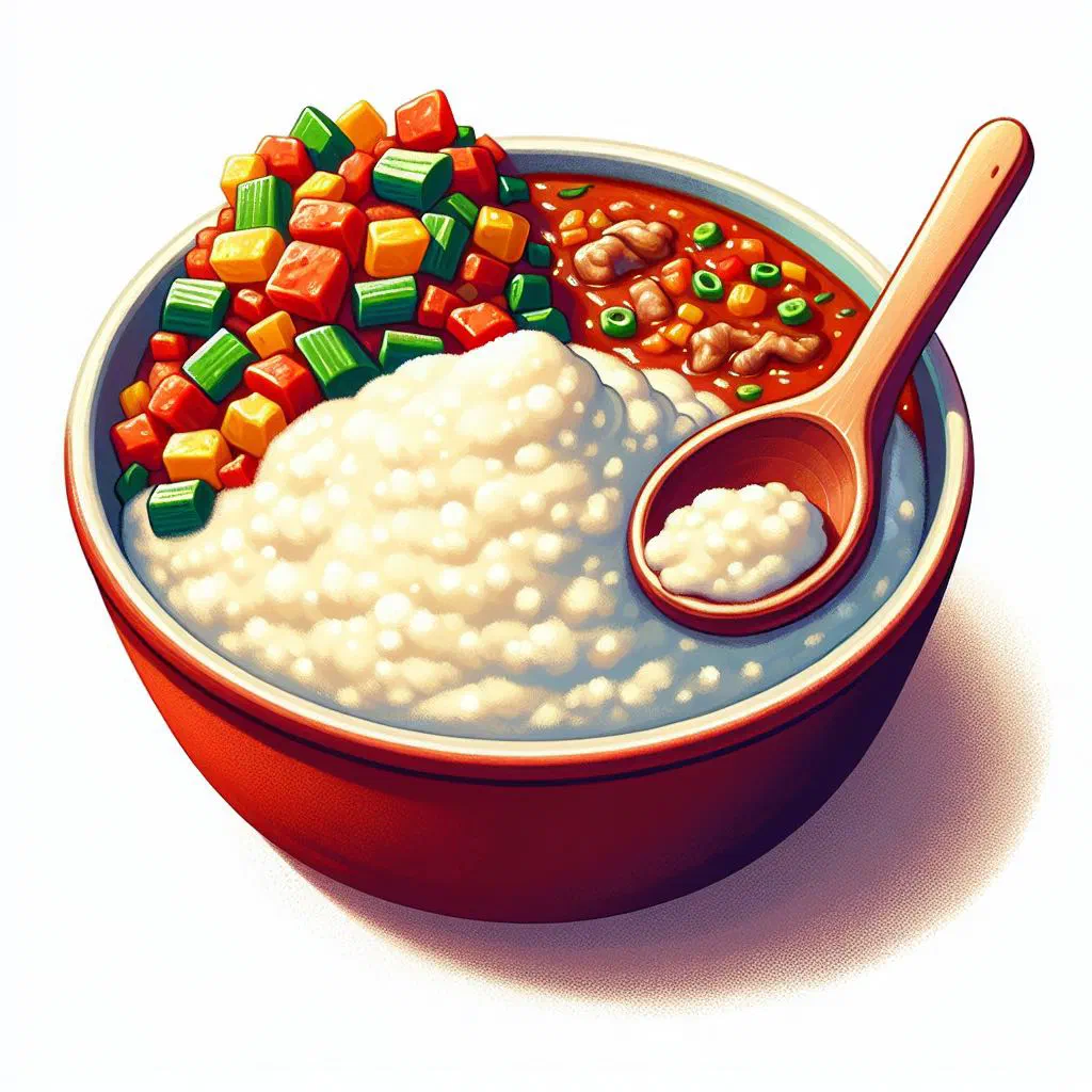 Smooth white nsima served on a plate with a stew on the side