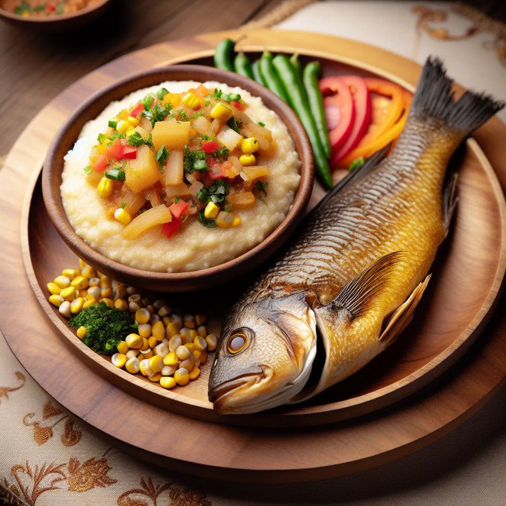Creamy white nsima served with a piece of grilled fish and onions